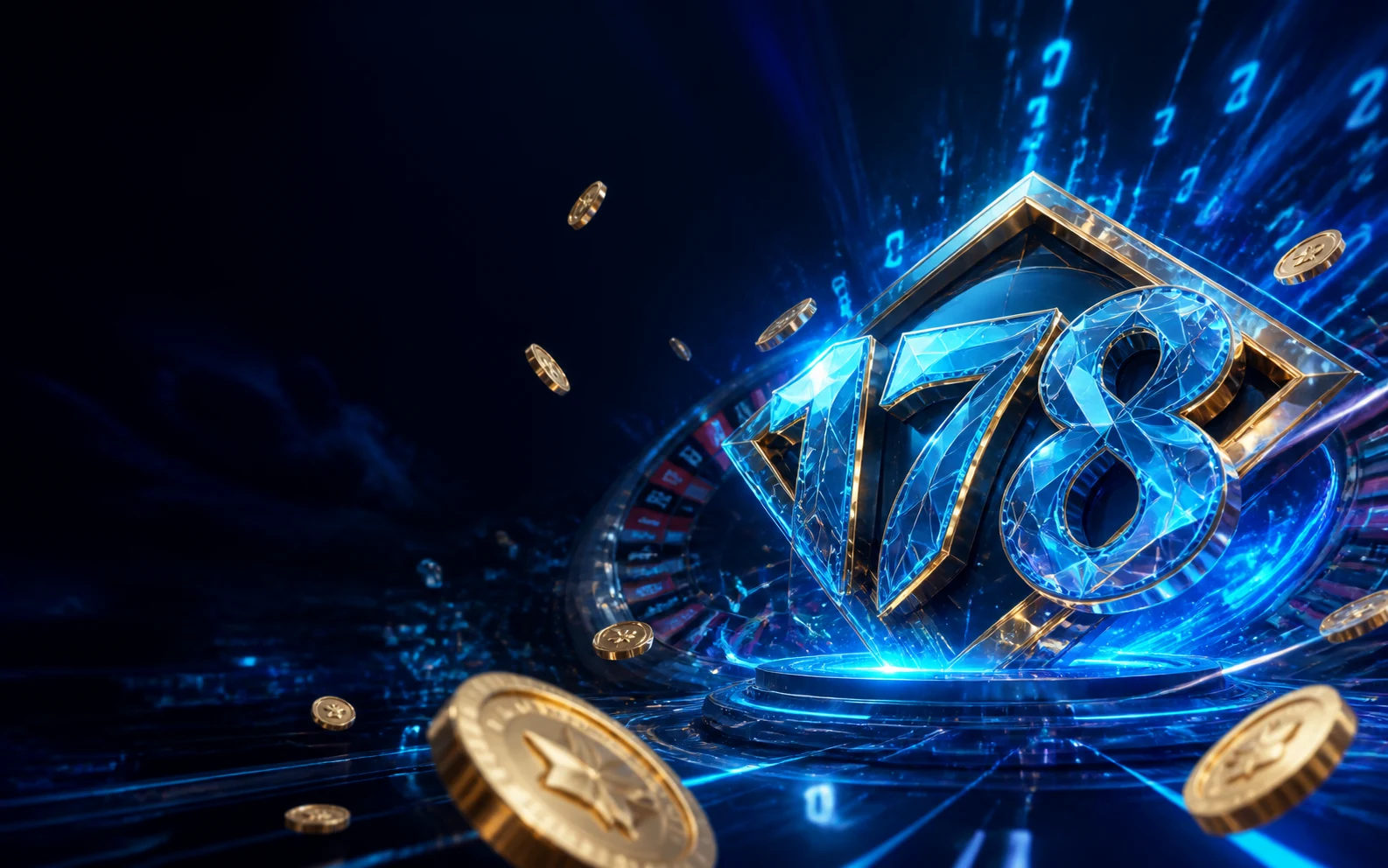 Emblem 178 dalam arena permainan digital berwarna biru dan emas